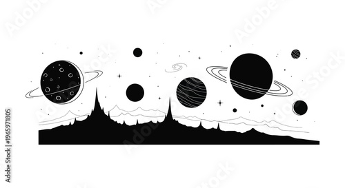 A striking black and white celestial landscape features silhouetted mountains under planets and stars creating a dramatic silhouette high quality professional