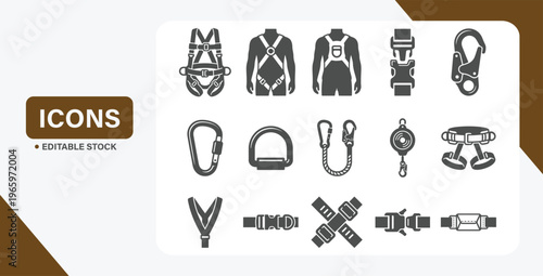 Full body safety harness icon set with buckle, lanyard, and fall protection equipment