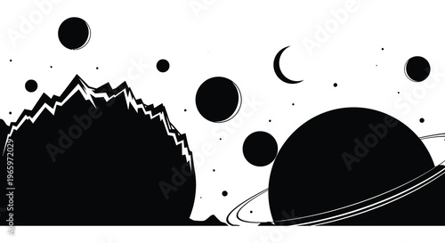 A minimalist landscape featuring mountains planets and a crescent moon in stark black silhouette high quality professional detailed modern elegant stylish
