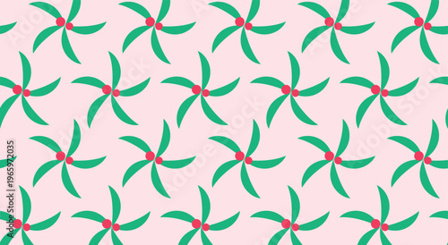 Playful retro abstract floral seamless pattern featuring cute green pinwheel shapes with red dots on pastel pink background for sweet summer kids fashion trendy wallpaper vector illustration