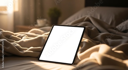 Tablet computer on rumpled bed with soft morning light and dust motes on beige blanket