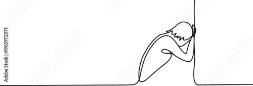 A continuous line drawing shows a person curled up against a wall.