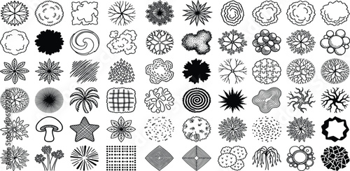 Collection of diverse black and white tree symbols, aerial views, and natural elements for design