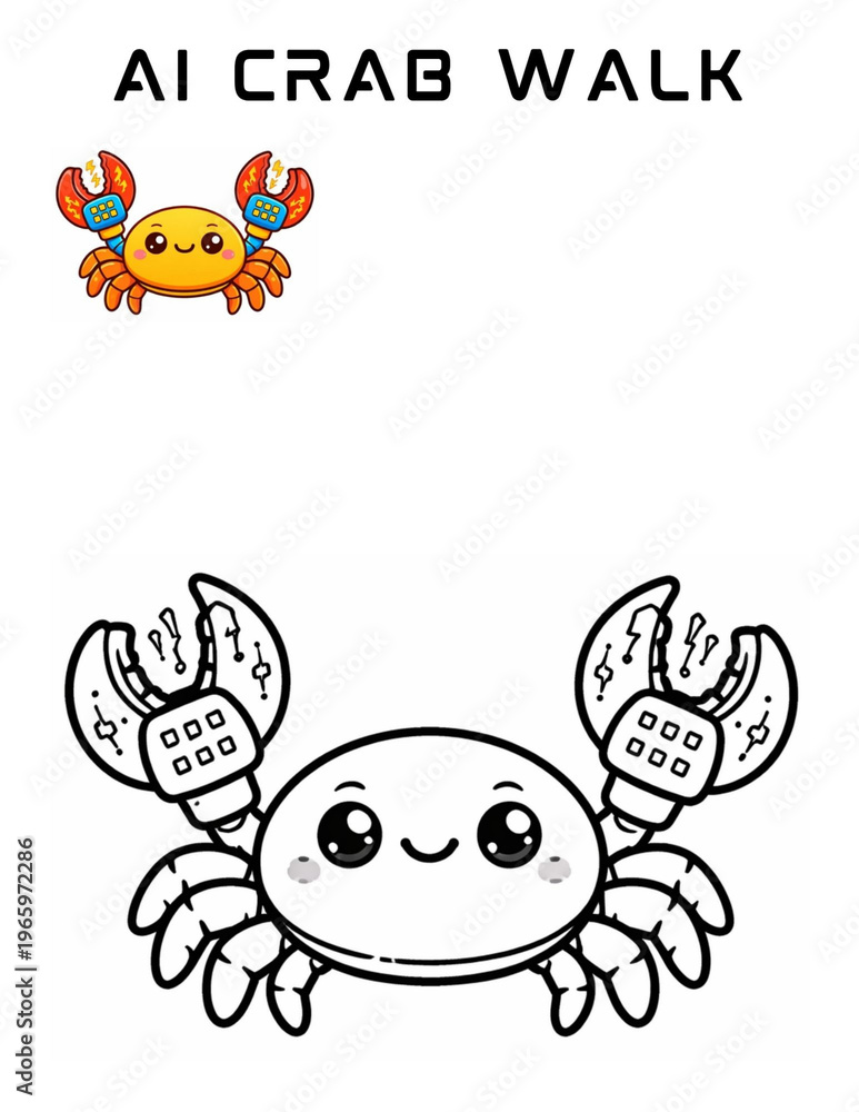 Obraz premium Cute cartoon crab with mechanical claws, black and white outline for coloring.