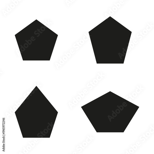 Pentagon set silhouette. Geometric Vector shape. Number 5 five object. Angle poly variety. Manual vector only. No autotrace used.