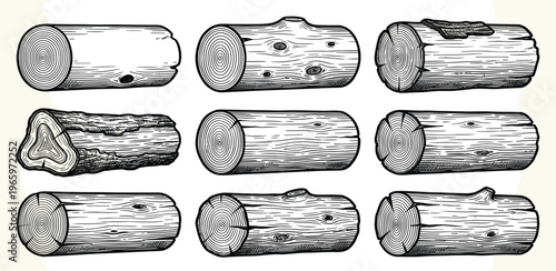 Collection of detailed hand-drawn wooden logs and timber elements, showcasing various cross-sections, textures, and natural imperfections of lumber