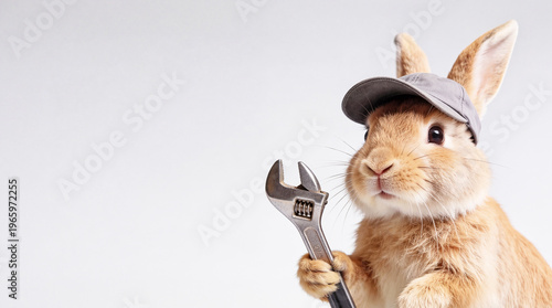 Cute bunny with metal wrench in grey cap clear light grey background with space for text. Workshop, auto mechanic, transportation sector Easter promotion