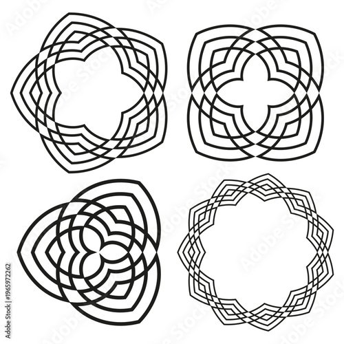 Interwoven frame set. Knot Vector design. Geometric line pattern. Decorative ornament variety. Manual vector only. No autotrace used.