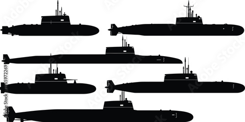 Silhouettes of diverse submarine types, naval engineering comparison, military technology illustration, underwater vessel designs for educational analysis
