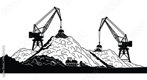 A stark black and white depiction of a construction site with heavy machinery and a large debris pile silhouette high quality