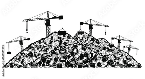 A black and white illustration depicts a landscape composed of trash with cranes presented as a striking silhouette high quality professional