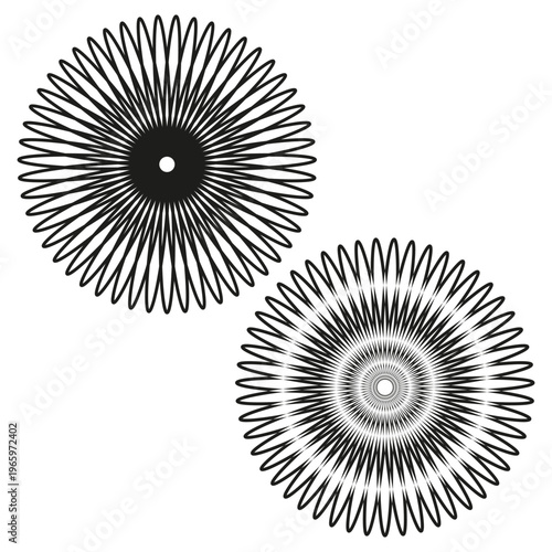 Sunburst shape set. Circular Vector pattern. Radial line design. Abstract flower element. Manual vector only. No autotrace used.
