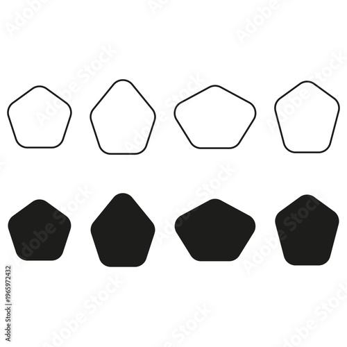 Rounded pentagon set. Shape Vector icon. Outline solid symbol. 5 five angles variety. Manual vector only. No autotrace used.
