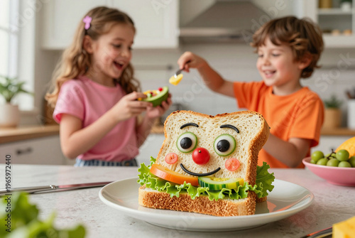 Boy and a girl eating a sandwich with a face on it.