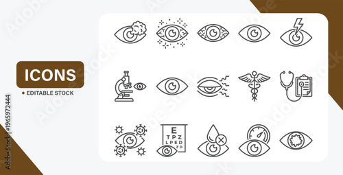 Eye health icon set showing vision disorders, ophthalmology care, and medical conditions