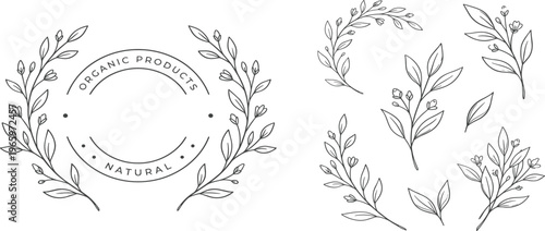 Botanical Wreath and Floral Elements - Organic Natural Products Emblem and Decorative Sprigs