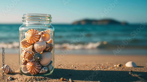 Glass jar filled with seashells on a sandy beach.
