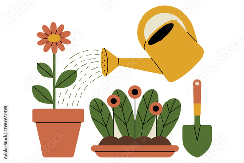 Gardening scene watering can plant in pot and shovel illustration vector style.