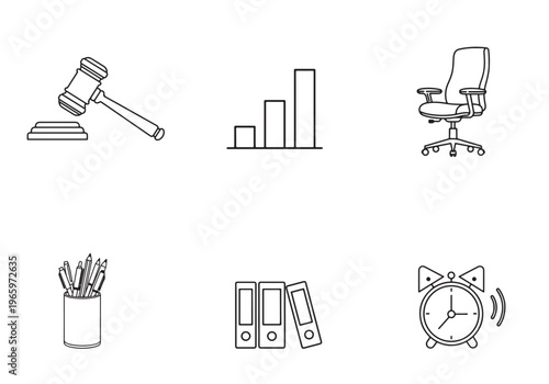 Business and office icons: gavel, chart, chair, pens, binders, clock.