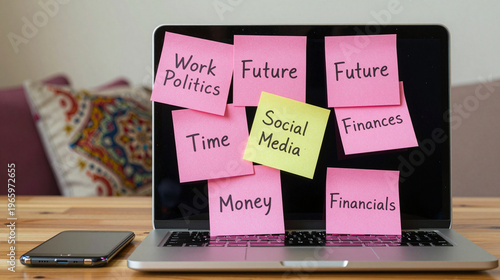 Laptop computer sitting on top of a wooden table covered in sticky notes