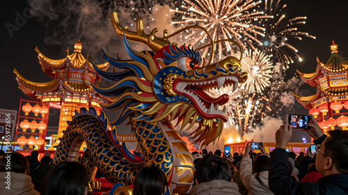 Crowd of people taking pictures of a dragon float during a Chinese New Year celebration.
