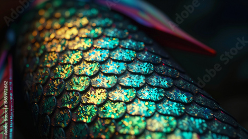 Close up of a colorful dragon's scales.