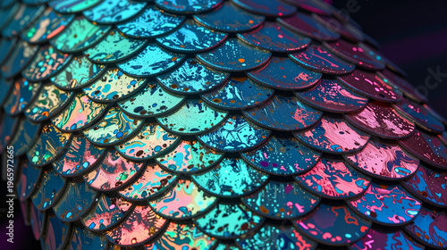 Close up of a mermaid's tail with multicolored scales.