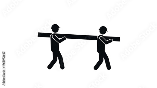 Two workers carrying a long beam or plank together