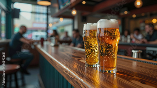 Two glasses of beer on a bar with people in the background