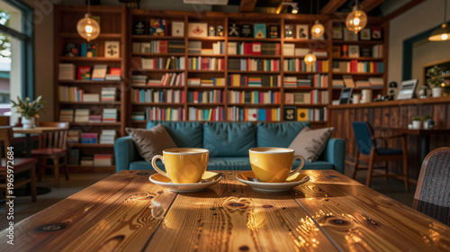 Wooden table topped with two cups of coffee sits in front of a bookshelf.