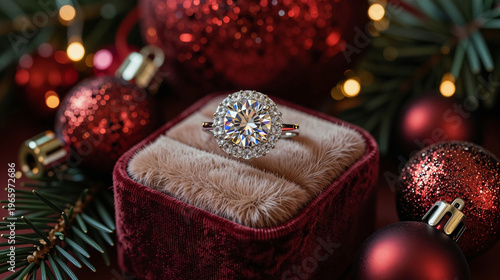 Diamond engagement ring sits in a velvet box surrounded by Christmas ornaments.