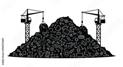 A large pile of electronic waste is suspended between two cranes depicted as a striking silhouette high quality professional detailed modern