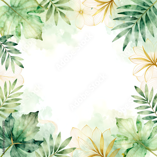 White flowers and green leaves create a layout suitable for decoration. The arrangement features a mix of floral elements set against a light background Generative AI