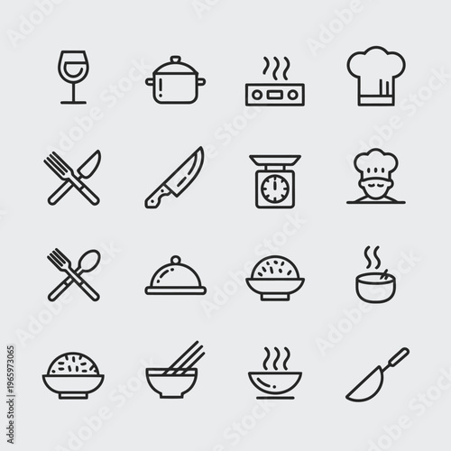 Professional culinary and restaurant service line icons for food industry apps