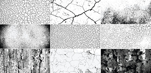 Comprehensive assortment of monochromatic distressed textures, including cracked earth, peeling paint, and rough surfaces, for artistic background and overlay applications
