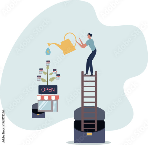Business Expansion Investment Concept . Man Watering Growing Retail Network with Dollar Investment
