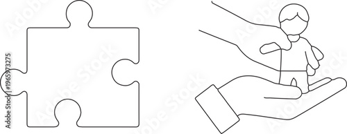 Minimalist line icons of puzzle piece and human figure in hands, business solution and social care concept, thin stroke vector set