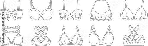 Fashion and lingerie bra style line icons for retail and clothing design