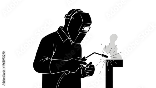 Welding worker in protective gear soldering metal with sparks