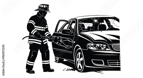 A firefighter uses rescue tools to extract a victim from a damaged vehicle depicted in stark silhouette high quality professional detailed