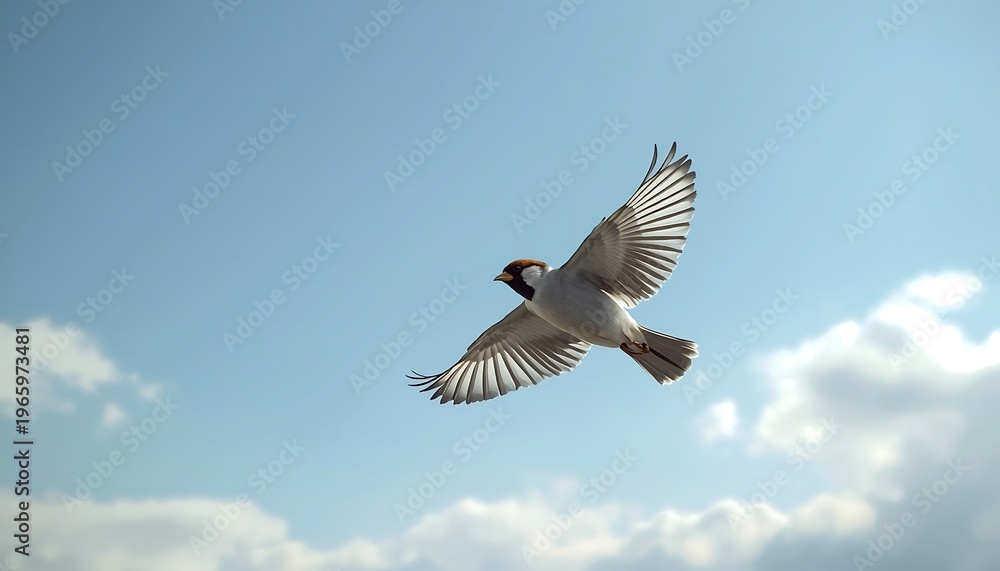 Obraz premium A small house sparrow with detailed feathers gracefully flies through a bright blue sky with scattered clouds.