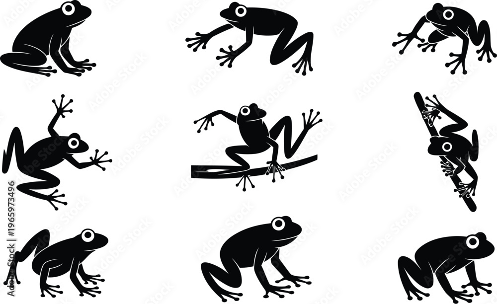 Obraz premium Set of tree frog silhouettes in various climbing and resting positions
