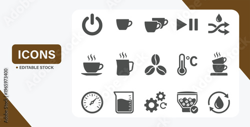 Coffee machine control panel icon set with brewing functions, settings, and beverage features