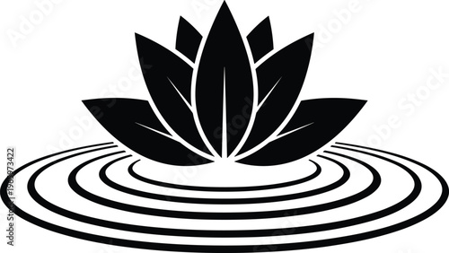 Lotus flower silhouette, water ripple symbol, spa wellness icon, zen meditation design, nature harmony illustration, black vector isolated on white