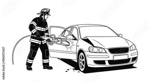 A firefighter uses hydraulic rescue tools on a damaged car depicted in a stark black silhouette high quality professional detailed modern