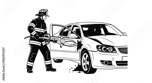 A firefighter uses rescue tools to extract someone from a damaged vehicle depicted in stark silhouette high quality professional detailed modern