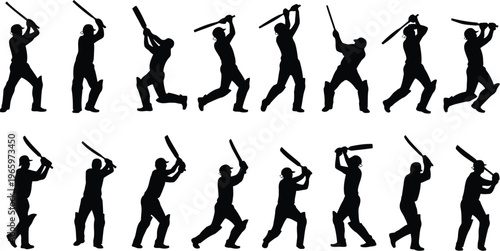Set of cricket player silhouettes showing dynamic batting actions