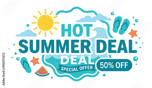 Hot Summer Deal Special Offer 50% Off Vector Design, Summer Sale Banner with Sun and Beach Elements