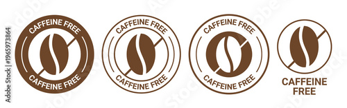 Four circular emblems display a coffee bean with a line through it indicating a caffeine free product silhouette high quality professional detailed modern