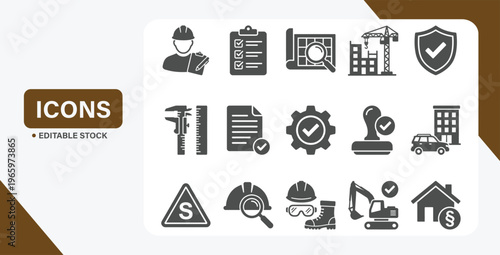 Construction safety and inspection icon set featuring site review, compliance, and engineering tools